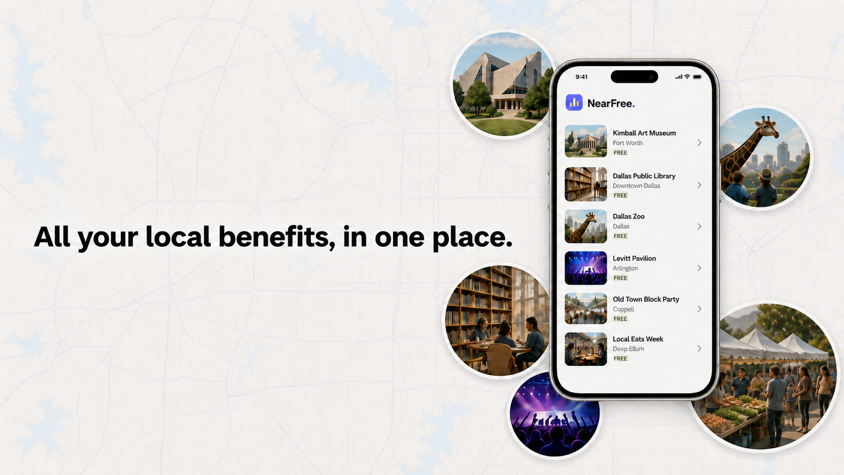 NearFree gathering local museum, library, zoo, music, market and dining benefits into one app.