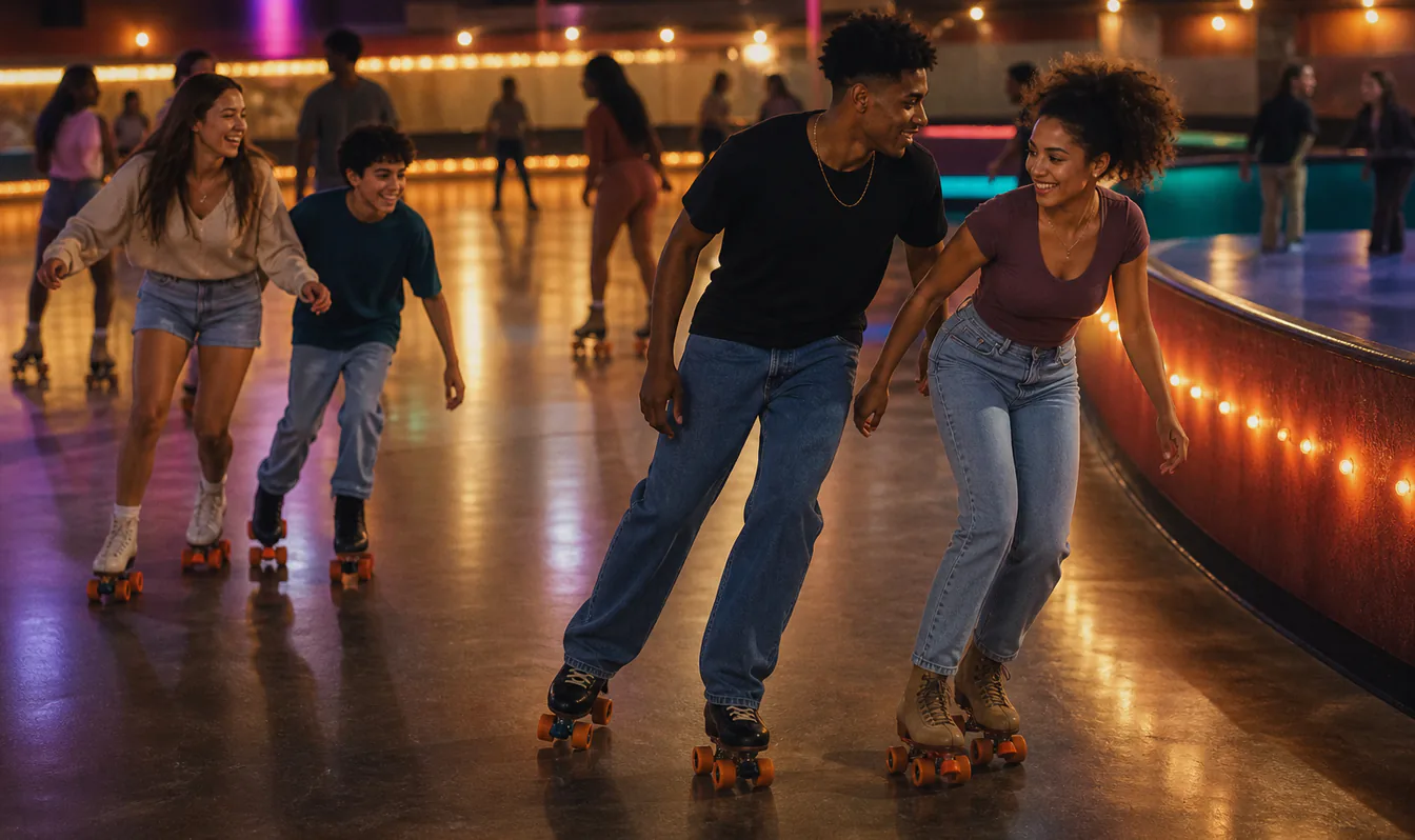 An editorial image of two visitors skating together at an indoor roller rink