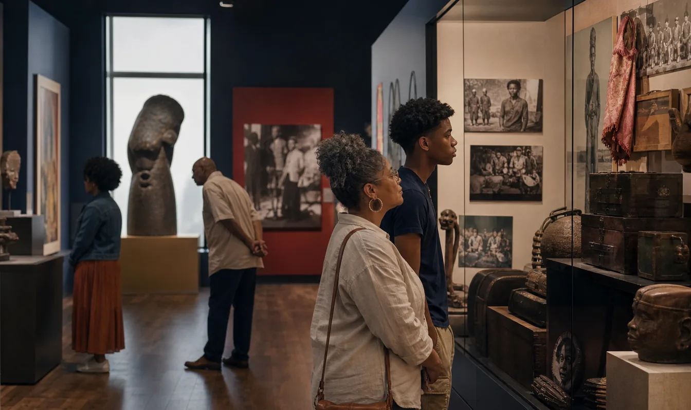 An editorial image of visitors exploring a museum gallery about African American history and culture