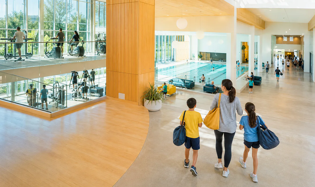 An editorial image of a family entering a modern community recreation center