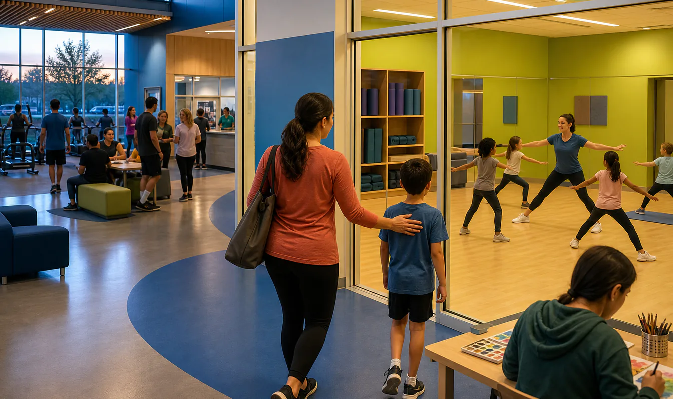 An editorial image of a family exploring activity stations inside a modern recreation center