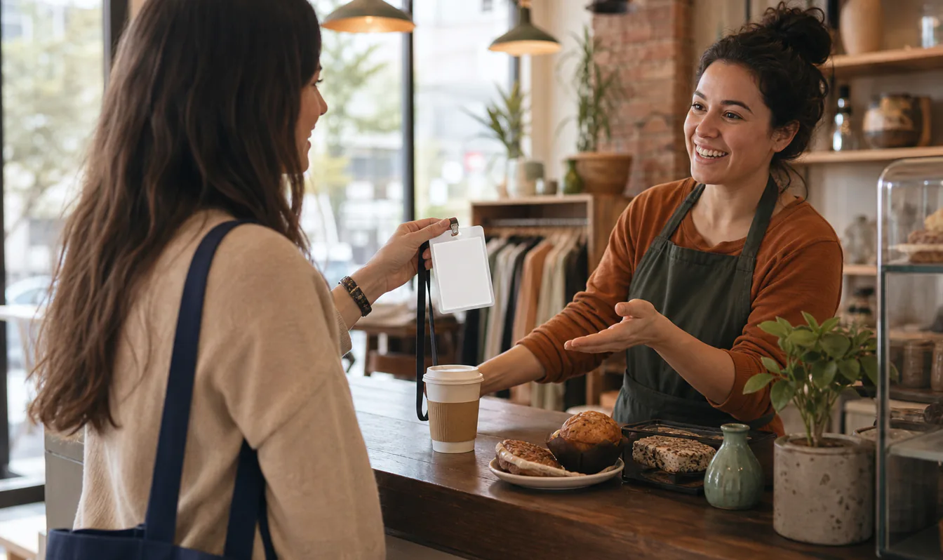 An editorial image of a conference attendee showing a badge at a local business counter
