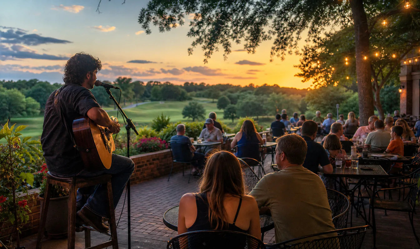 An editorial image of guests enjoying live music on an outdoor restaurant patio at dusk