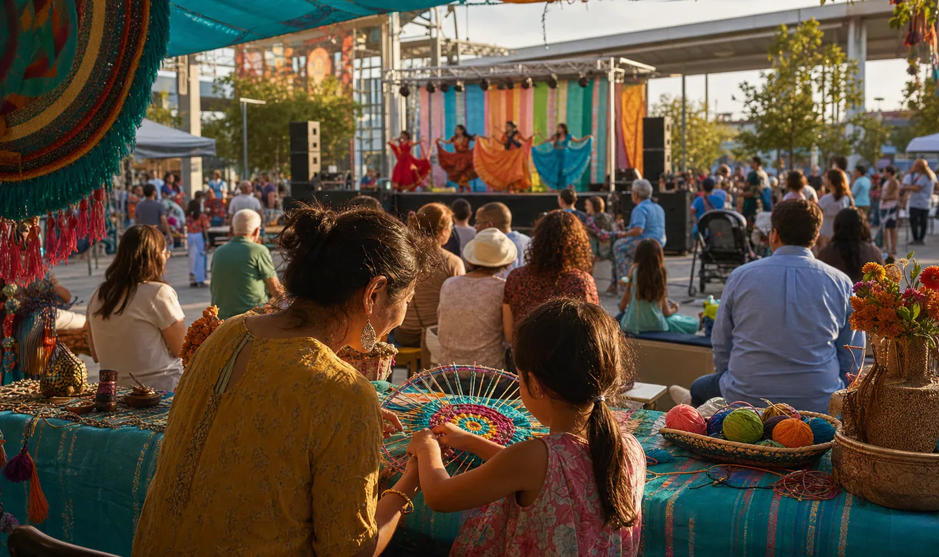 An editorial image of a family enjoying crafts and a live performance at an outdoor culture festival
