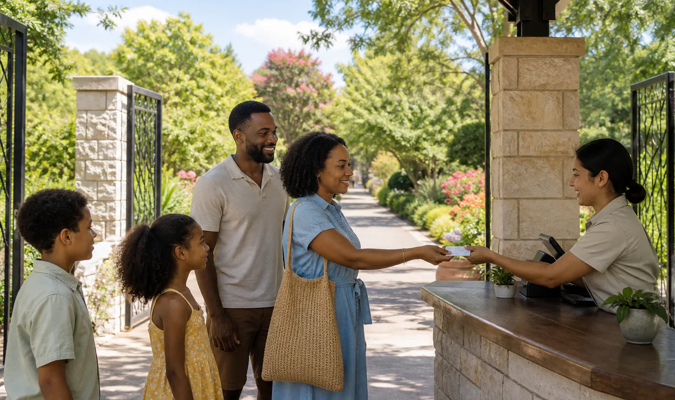 An editorial image of a family presenting an eligibility card at a botanical-garden entrance