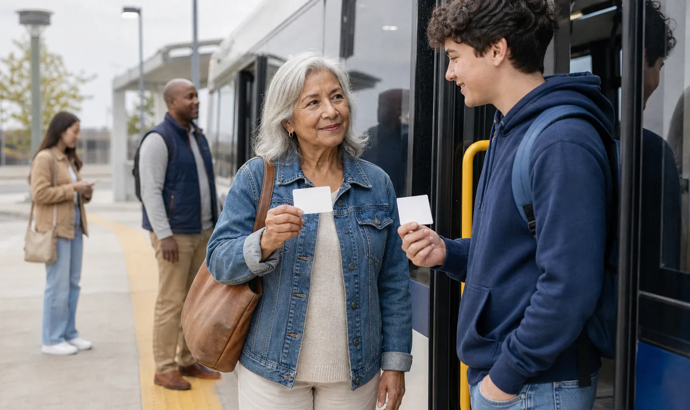 An editorial image of a senior and student preparing to board transit with reduced-fare eligibility