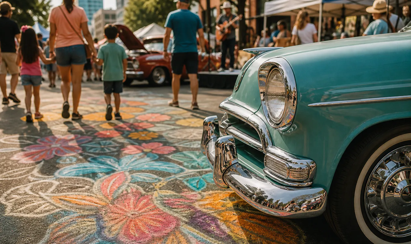 Editorial image of vintage-car chrome beside colorful street chalk art with families and artisan booths softly visible behind