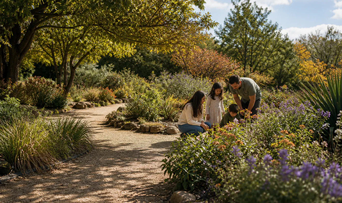An editorial image of a family exploring a green botanical-garden path together