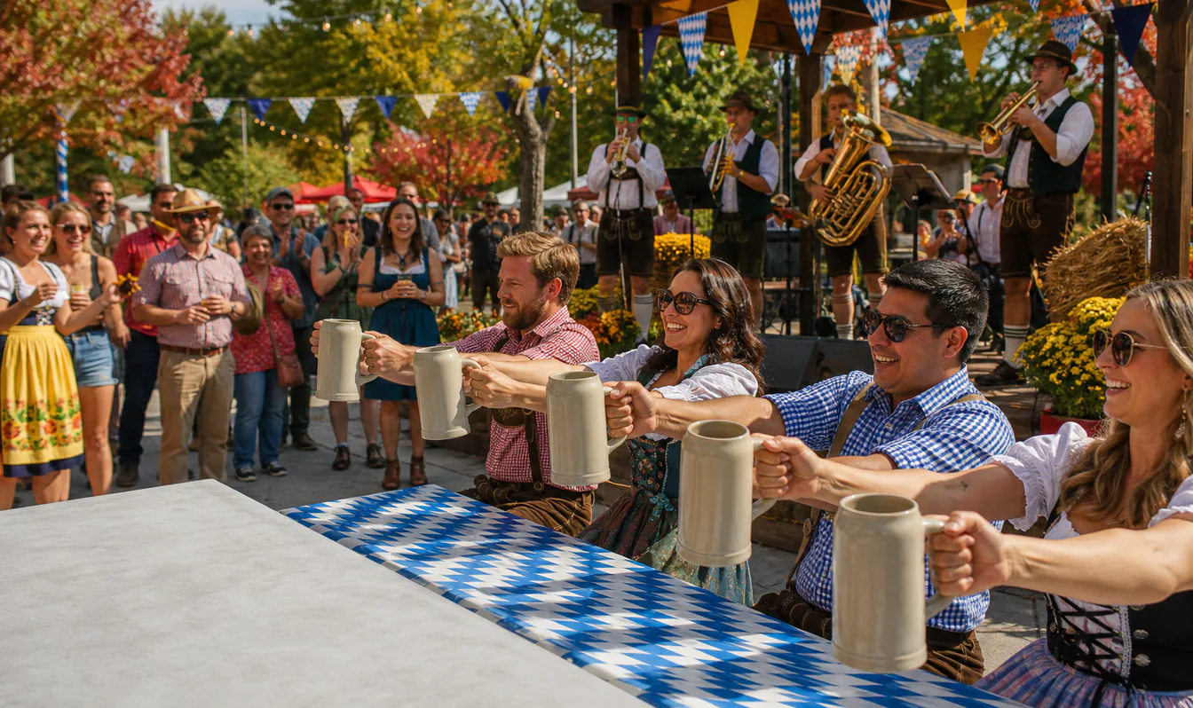An editorial image of visitors enjoying traditional games and live music at an outdoor Oktoberfest