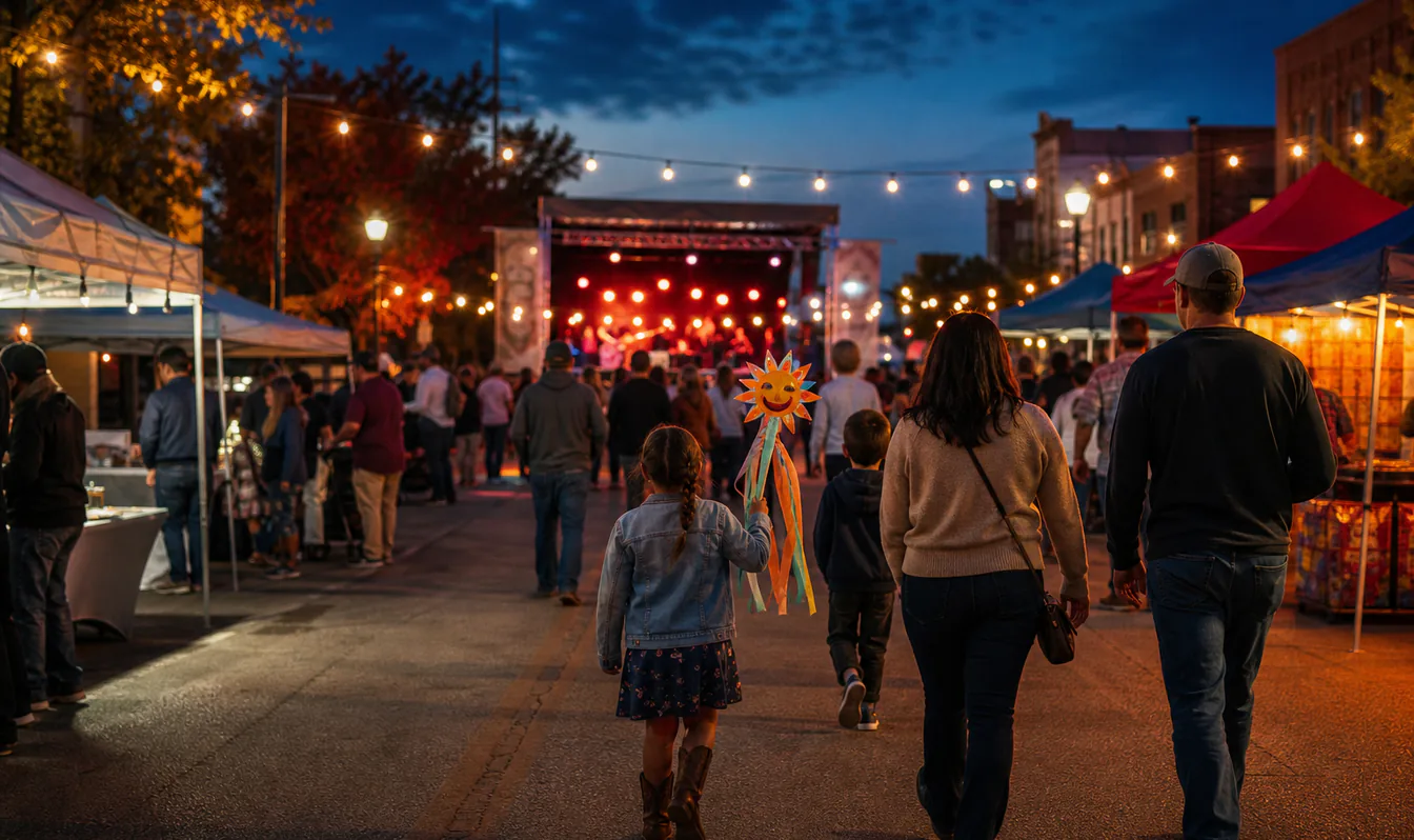 An editorial image of a family enjoying live music and vendors at an evening downtown street festival