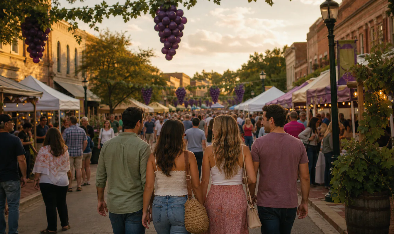 An editorial image of visitors exploring booths and entertainment at a grape-themed street festival