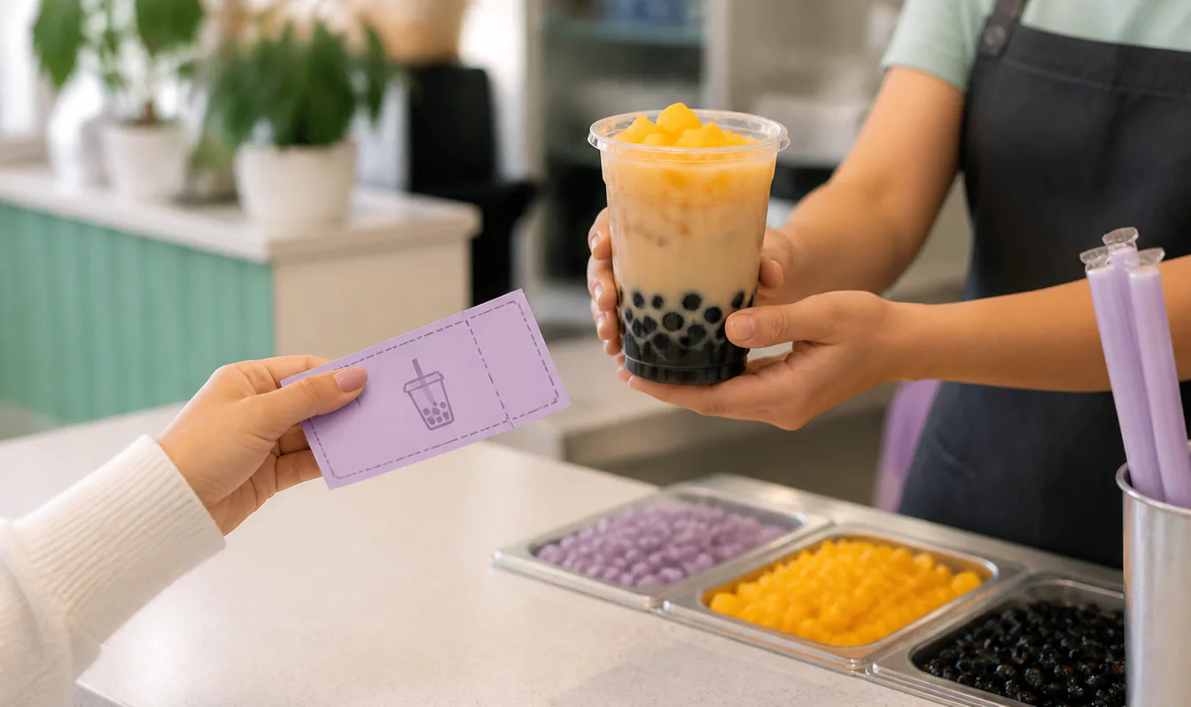 An editorial image of a customer presenting a printed coupon and receiving boba tea with toppings