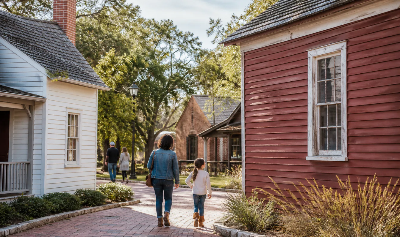 An editorial image of visitors exploring historic buildings in a small downtown heritage park