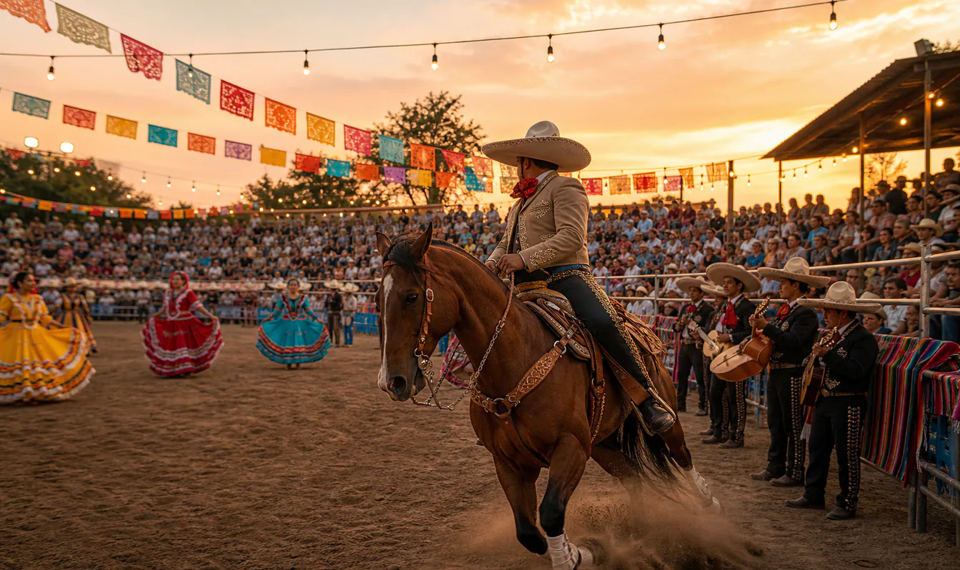 An editorial image of spectators enjoying horsemanship and cultural performances in an outdoor arena