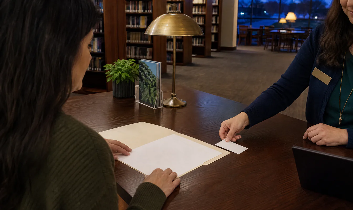 An editorial image of a Texas resident completing an application and receiving a library card
