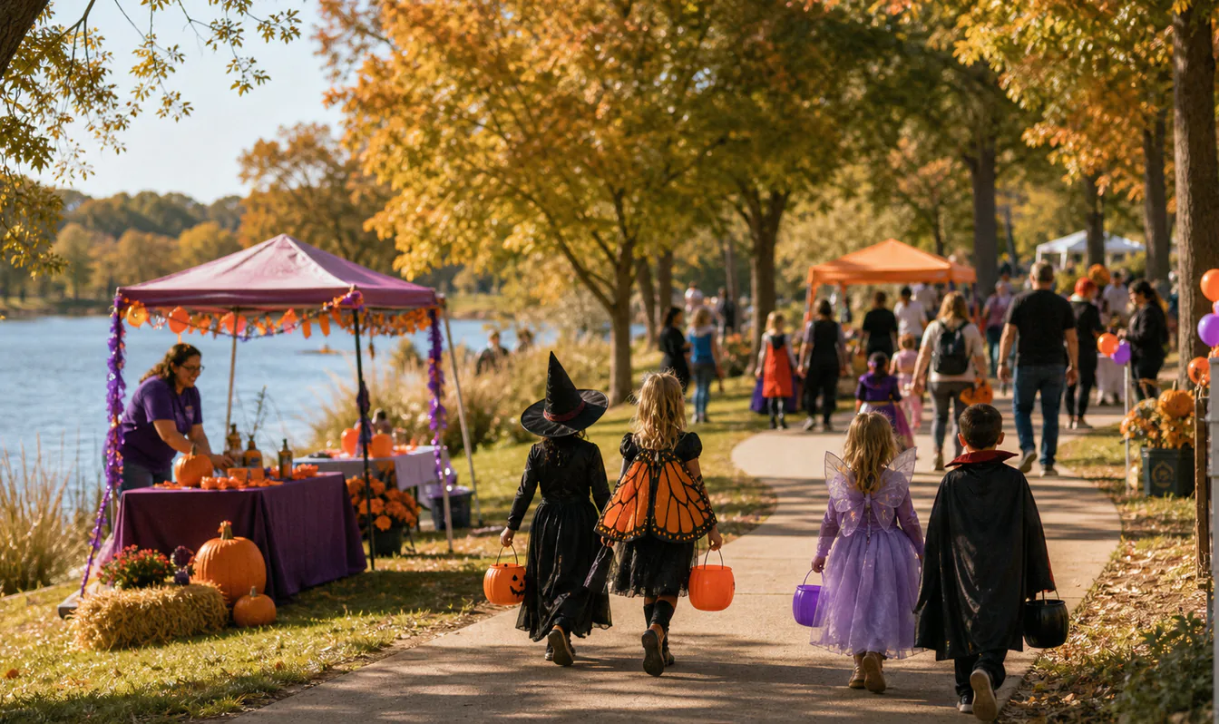 An editorial image of families trick-or-treating along an autumn park trail with children's activities