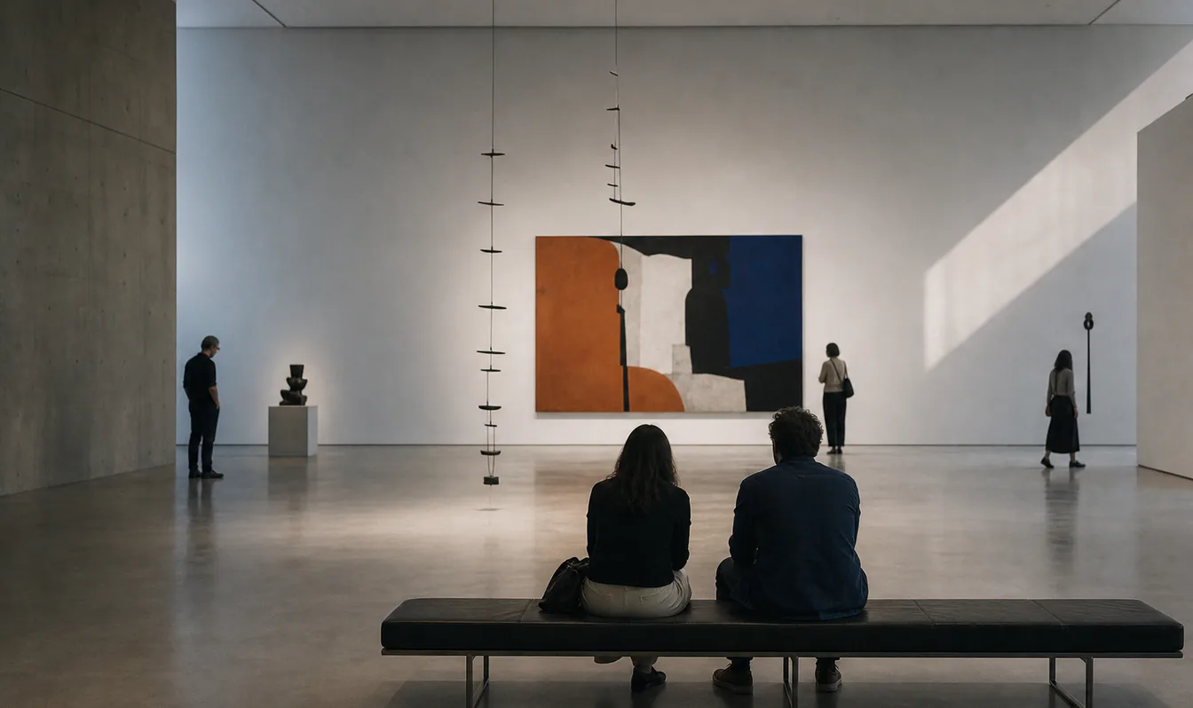 An editorial image of visitors viewing contemporary art in a spacious museum gallery