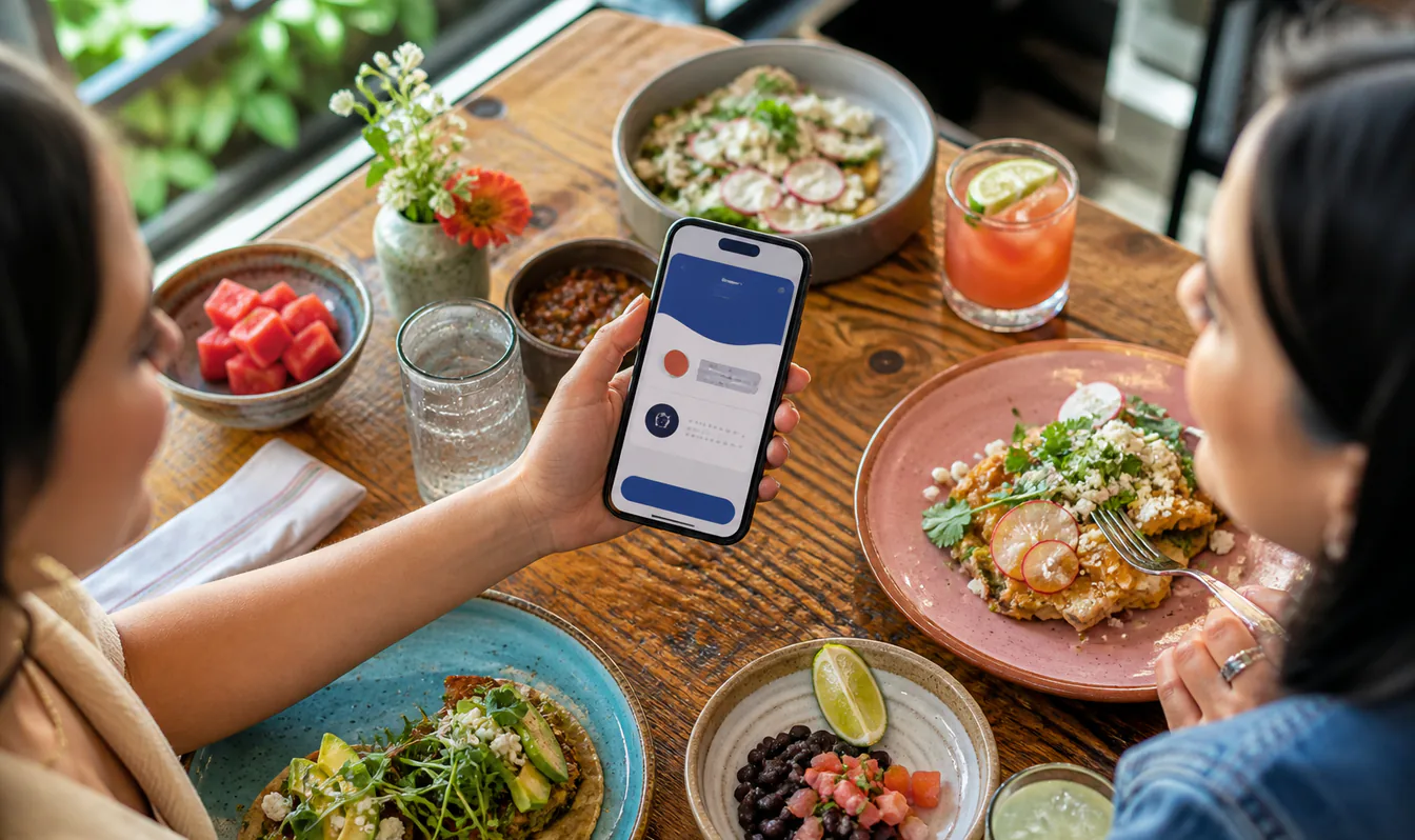 An editorial image of a visitor checking in with a mobile pass at a Plano restaurant