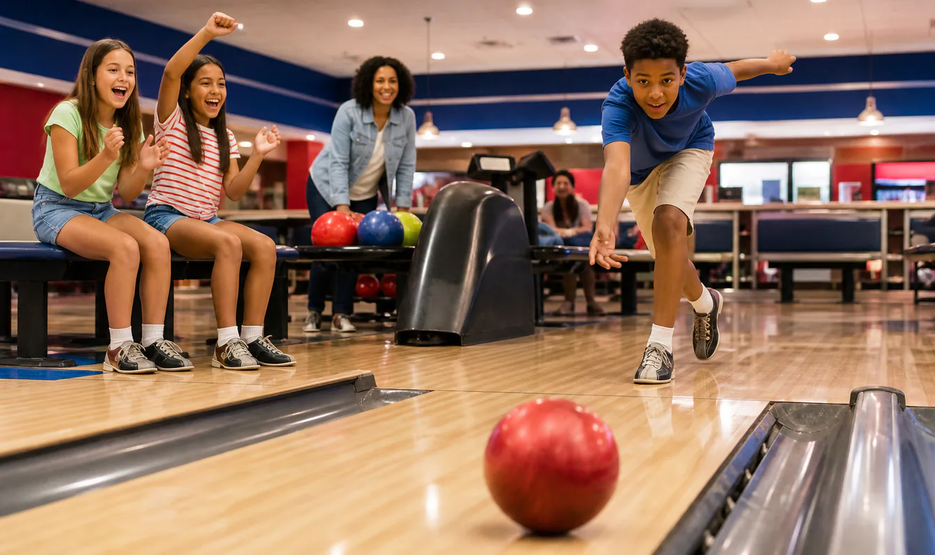 An editorial image of children enjoying games together on classic indoor bowling lanes