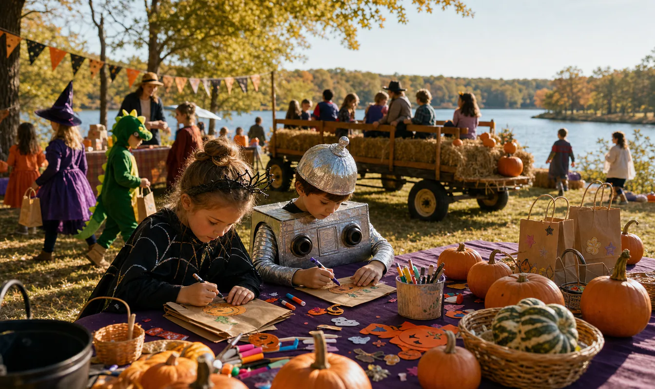 An editorial image of children enjoying crafts and trick-or-treat activities at a fall lakeside park